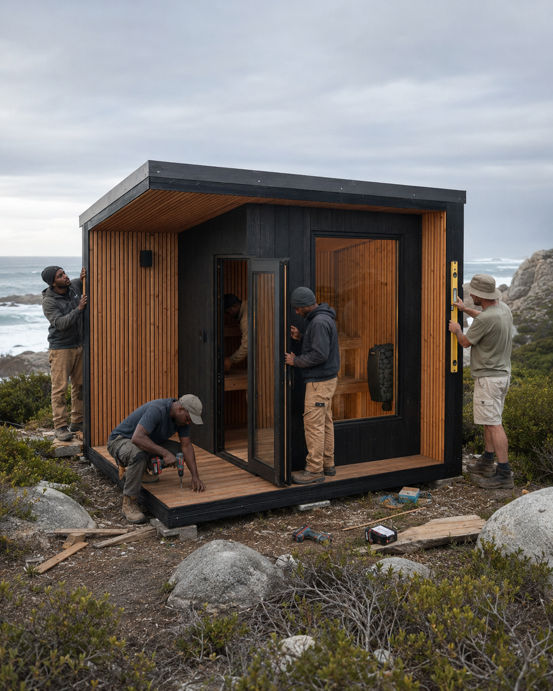 Khaya team installing a sauna on the rocky Cape shore
